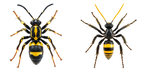 Two wasps show different views. One showing top, another showing a front view. The insects have a yellow and black stripped body. The picture shows details of the features.