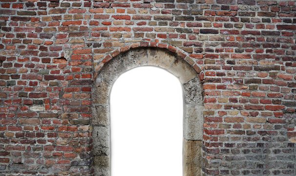 white mockup mock up template empty blank arc door arched doorway in an old aged historical castle Stone gate locked steel grate Red brick wall background Kalemegdan fortress Belgrade Serbia