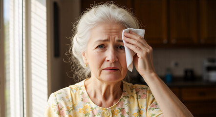 Senior woman wiping sweat from forehead with white cloth. Tired elderly lady suffering from heat or fever in kitchen. Menopause concept