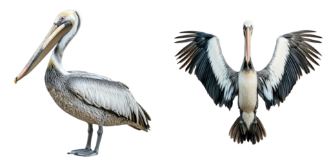 Two shots of a brown pelican in the front and back. The pelican in the front stands proudly with its head up. The back shot shows the pelican's large wings spread open.