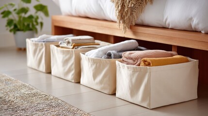 Organized fabric storage bins under bed