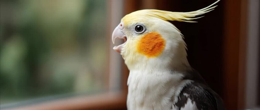 A colorful cockatiel beautifully singing by a sunny window.