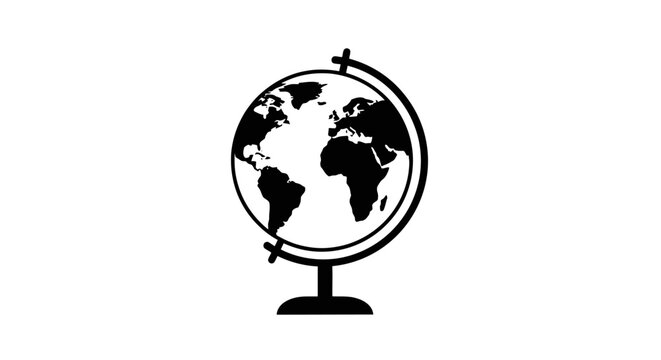 Simple black and white globe illustration on a stand.