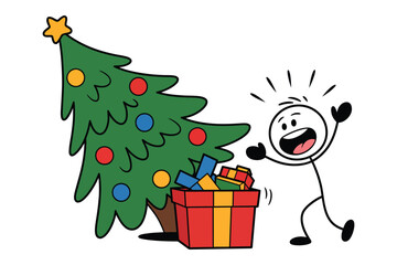 Naklejka premium A cheerful cartoon character excitedly opening a gift box under a decorated Christmas tree with colorful presents