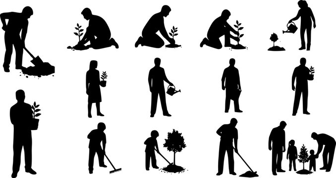 Silhouette of people planting trees various poses set collection. Family gardening and planting trees outdoor different poses silhouette set.
