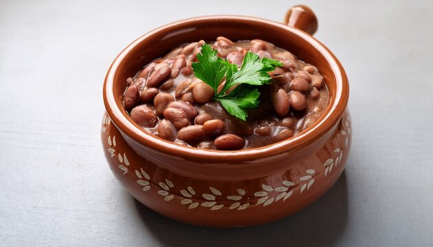Traditional Refried Beans Served In A Terracotta Bowl With Parsley Garnish