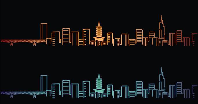 Nanjing Neon Style Simple Skyline on Dark Background