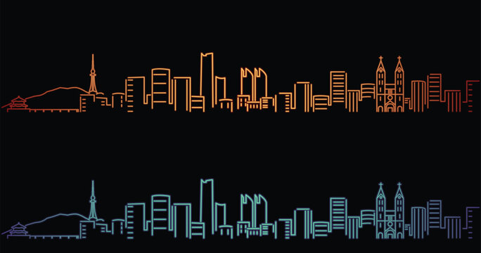Qingdao Neon Style Simple Skyline on Dark Background