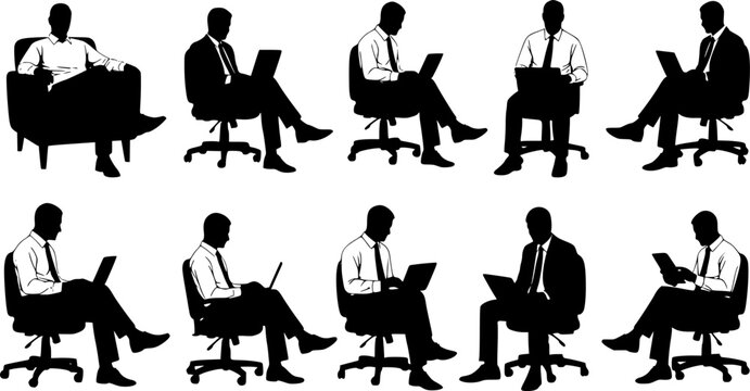 Vector set of business people sitting silhouettes. silhouette man sitting on armchair. men and women sit on armchair, office chair with laptop, tablet, front, side view. isolated on white background.