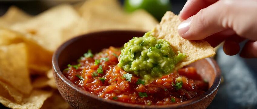 A hand dips a chip into a bowl of fresh guacamole and salsa.