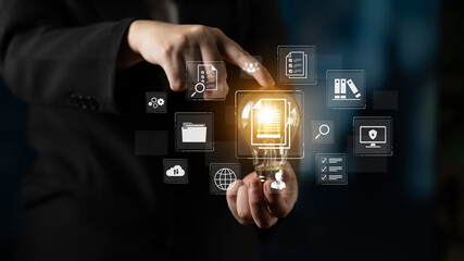 Fototapeta premium A comprehensive document management system for corporate data. This includes secure file storage, team collaboration, and compliance checks for all official business records. Fermion