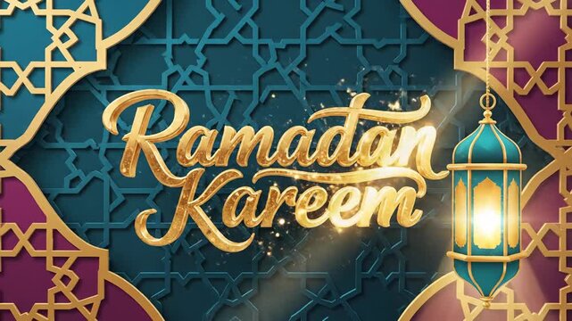 Elegant 3D golden Ramadan Kareem calligraphy set against a luxury teal Islamic geometric pattern background with gold frames, ideal for Eid greeting cards and holiday promo videos.