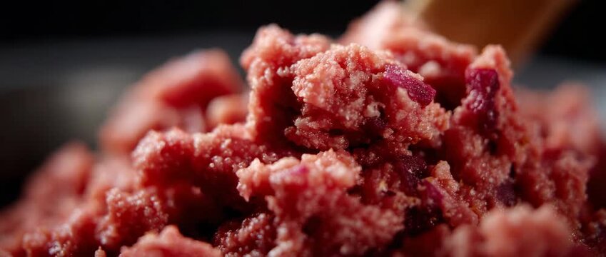 A close view of textured raw minced meat ready for cooking.