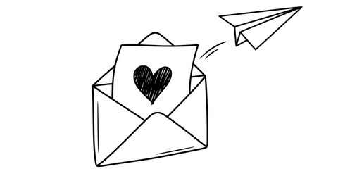 Open envelope with flying love letter and heart vector illustration black and white