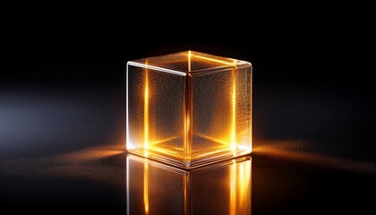 Transparent Cube With Golden Light Glows On Dark Reflective Surface