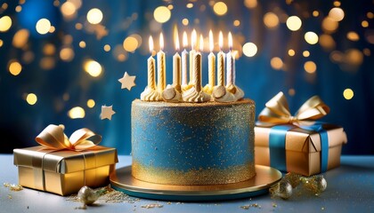 Luxurious Birthday Celebration Featuring Blue Gold Cake Glowing Candles And Gift Boxes Under Soft Lighting