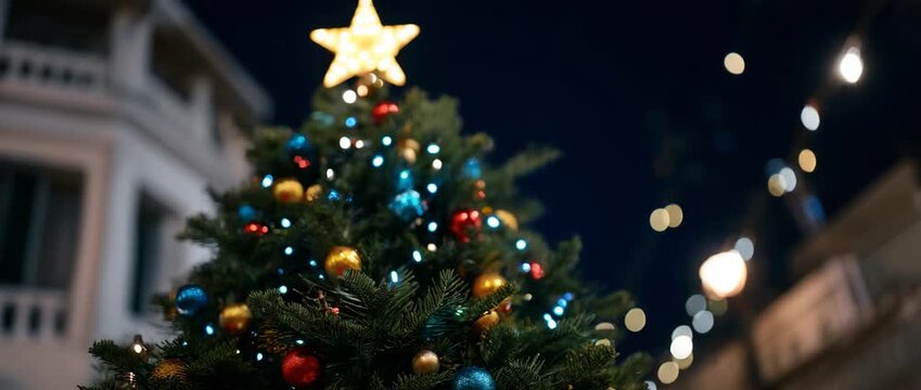 A beautifully adorned Christmas tree with lights and ornaments.