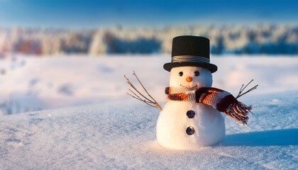 Festive Snowman With Scarf And Top Hat On Snowy Surface