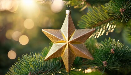 A Sparkling Gold Star Christmas Ornament Shines Brightly On A Festive Pine Tree