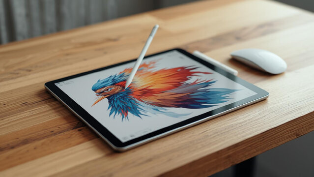 Digital artist workspace with tablet and stylus drawing colorful bird illustration