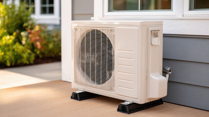 Modern air conditioning unit on a wooden deck