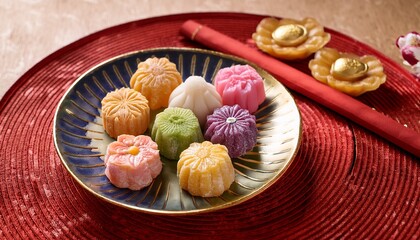 Assorted Colorful Traditional Sweets On Decorative Plate For Lunar New Year