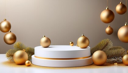 Christmas Product Presentation Scene With White Round Podium And Scattered Gold Baubles On Clean Background Elegant Festive Mockup For Product Gift And Holiday Display