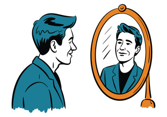 A man looks at his reflection in a mirror with a smile