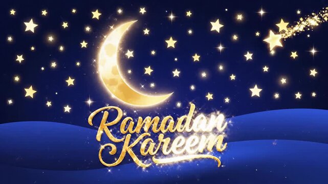 Glowing Ramadan typography with crescent moon and stars over deep blue desert dunes at night with magical lighting, ideal for Islamic holiday marketing and religious social media ads.