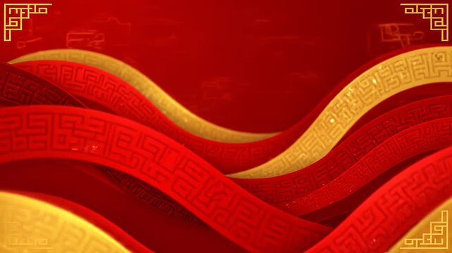 Vibrant red and gold flowing ribbons with intricate traditional Chinese patterns and ornate golden corners, perfect for festive backgrounds