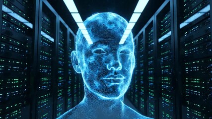 In the center of a server room, a pulse of digital particles and a data network forms the shape of a human face, illustrating concepts of artificial intelligence and neural networks. - Powered by Adobe