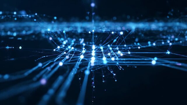 A high-technology, wireframe holographic video showing the flow of digital data and datum across a complex network, perfect for illustrating tech concepts.