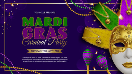 mardi gras party banner with jolly mask and maracas. carnival party invitation template with purple, yellow and green beads