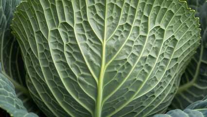 Obraz premium Closeup of fresh green cabbage leaf with textured veins 