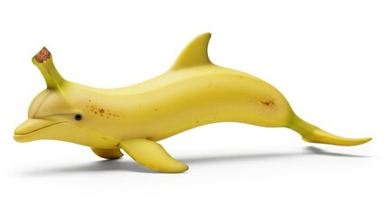 Surrealistic concept of a banana and a dolphin, hybrid of a banana and a dolphin on a white background, creative food art, amusing combination of animals, isolated image. AI generated.