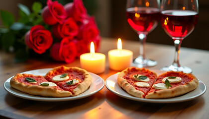 Romantic heart shaped pizza slices on plates with red roses and wine glasses on wooden table for Valentine Day dinner, Italian restaurant marketing or luxury date night catering services. High quality