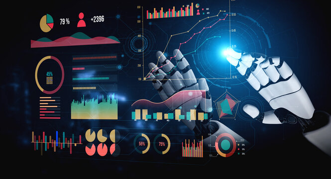 A robotic hand interacts with advanced data visualizations and graphs, showcasing a blending of technology and innovation in artificial intelligence and analytics. Impute - Powered by Adobe