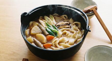 湯気が立ち上る群馬の郷土料理、温かいおっきりこみ