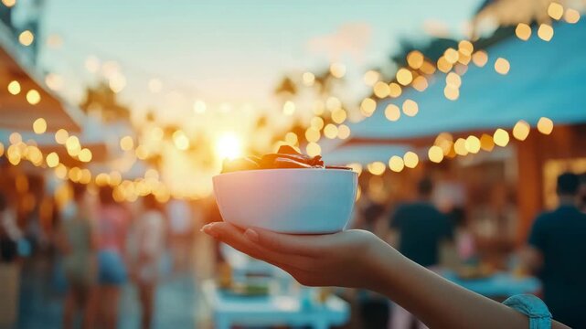 Person holding savory condiment bowl at warm outdoor market during golden hour illumination