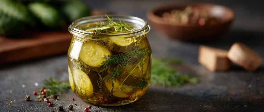 A jar filled with homemade pickles decorated with herbs.