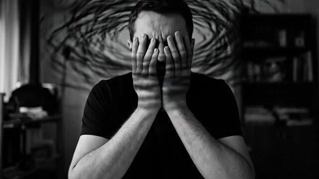 Stressed Man Covering Face with Hands with Dark Scribble Chaos above Head Depicting Mental Health Anxiety and Confusion Concept