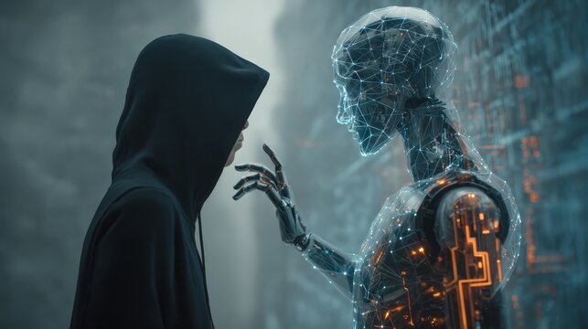 Futuristic hacker in a dark hoodie communicating with a glowing AI robot, symbolizing cyber security risks, data breaches, and digital threats. - Powered by Adobe