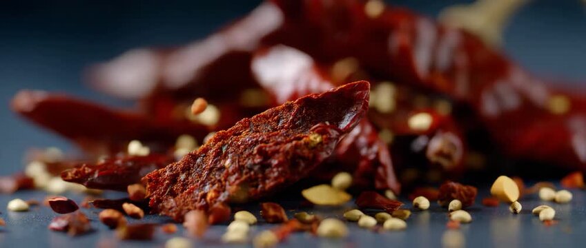A vibrant arrangement of dried red chilies and spices.