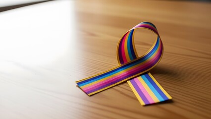 Pansexual Pride Awareness Ribbon with Vibrant Stripes on a Warm Wooden Background