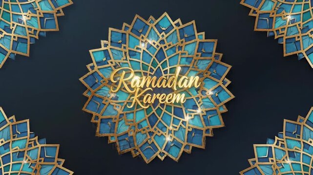 Elegant Ramadan Kareem golden calligraphy on a blue Islamic geometric pattern background with sparkling light effects, ideal for religious marketing and social media greeting cards.