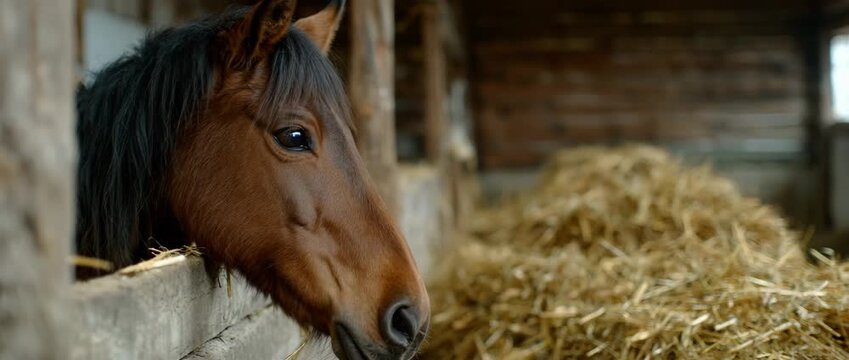 A beautiful brown horse looks out from its stable, framed by soft straw bedding.
