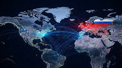 A glowing world map at night with highlighted global connections and Russia in red