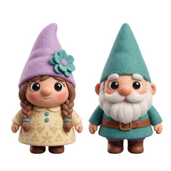 PNG image of Charming 3d rendered pair of cute garden gnomes featuring a sweet girl and a bearded male character on transparent background