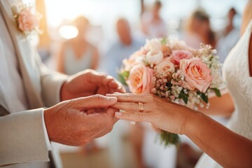 Couple exchanging wedding rings in a romantic ceremony