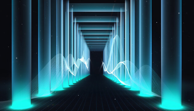 Futuristic corridor with neon lights and sound waves - Powered by Adobe